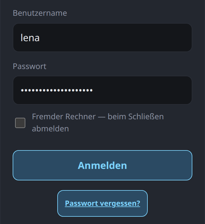 Die Anmeldung: Benutzername, Passwort, Häkchen „Fremder Rechner“, Knopf „Anmelden“ und „Passwort vergessen?“