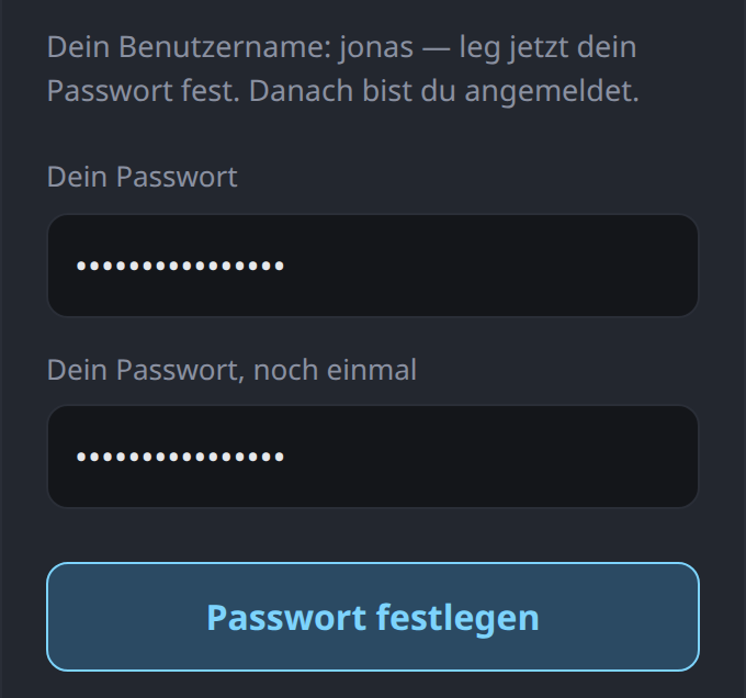 Die Seite hinter dem Einladungslink: Benutzername, zwei Felder für das Passwort, Knopf „Passwort festlegen“