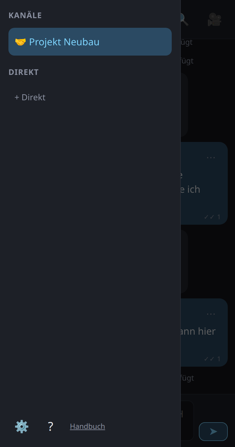 Die geöffnete Kanalliste: das Gästezimmer, darunter „Direkt“, ganz unten Zahnrad, Fragezeichen und der Link „Handbuch“